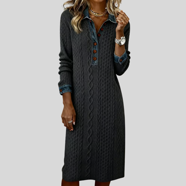 Liyana | Denim Cable Knit Collared Dress