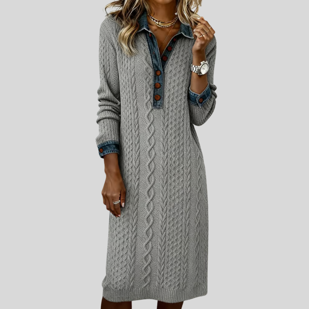 Liyana | Denim Cable Knit Collared Dress