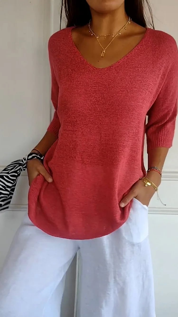 Saylor V -Neck Half Sleeve Shirts Knitted Loose Blouse