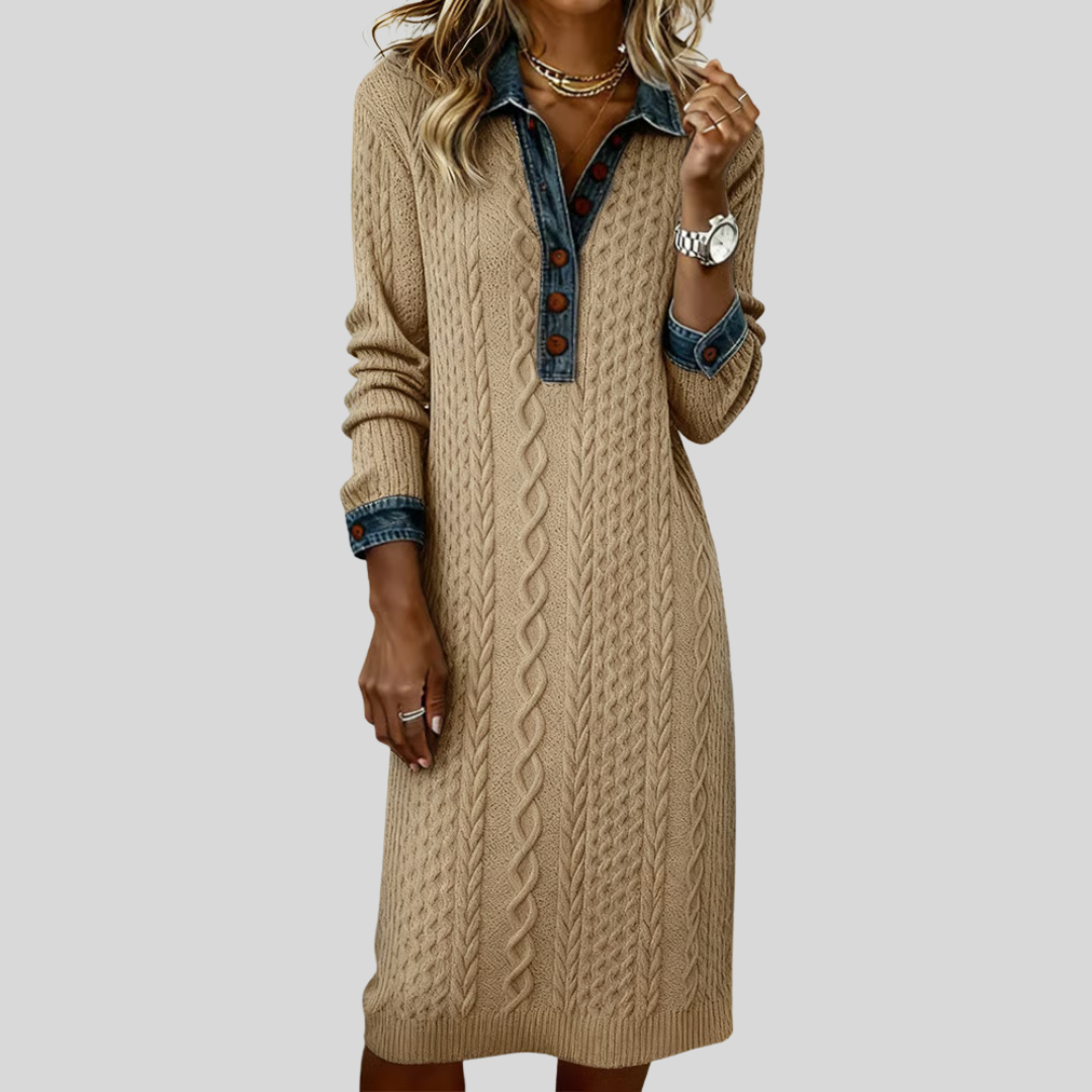 Liyana | Denim Cable Knit Collared Dress