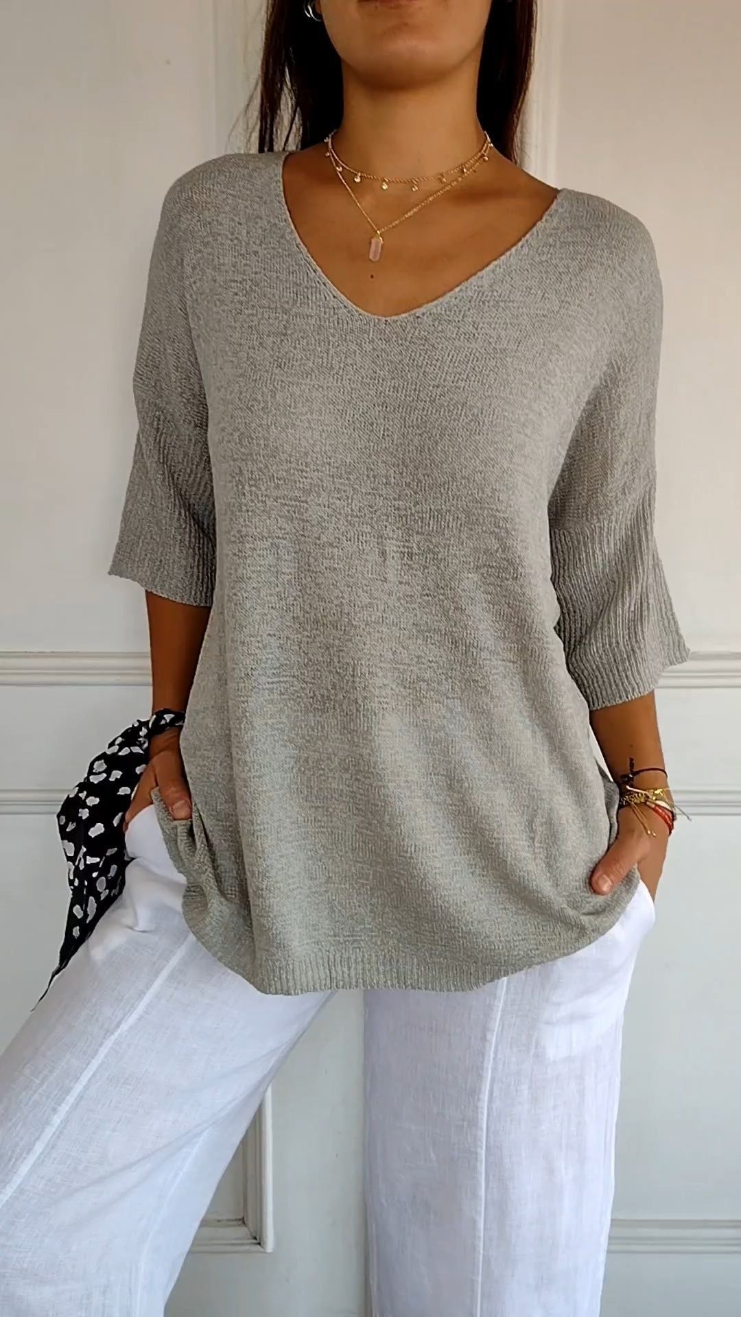 Saylor V -Neck Half Sleeve Shirts Knitted Loose Blouse
