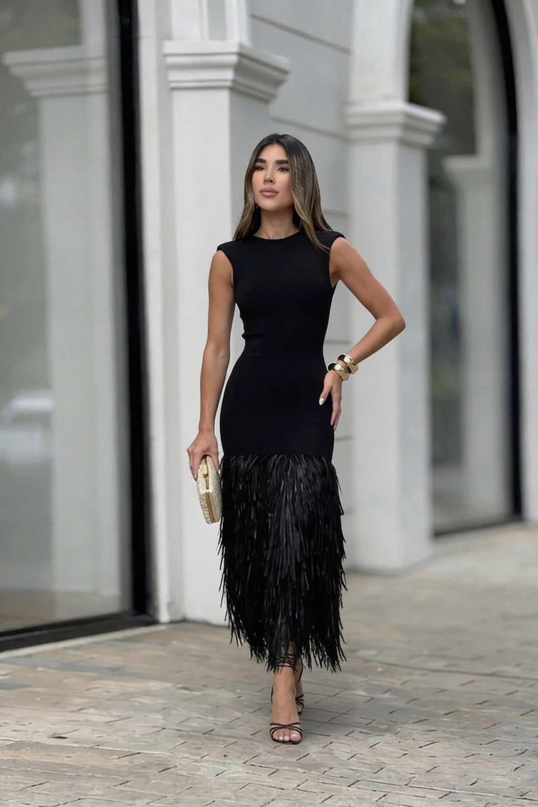 Elegant Raffia Fringed Midi Dres